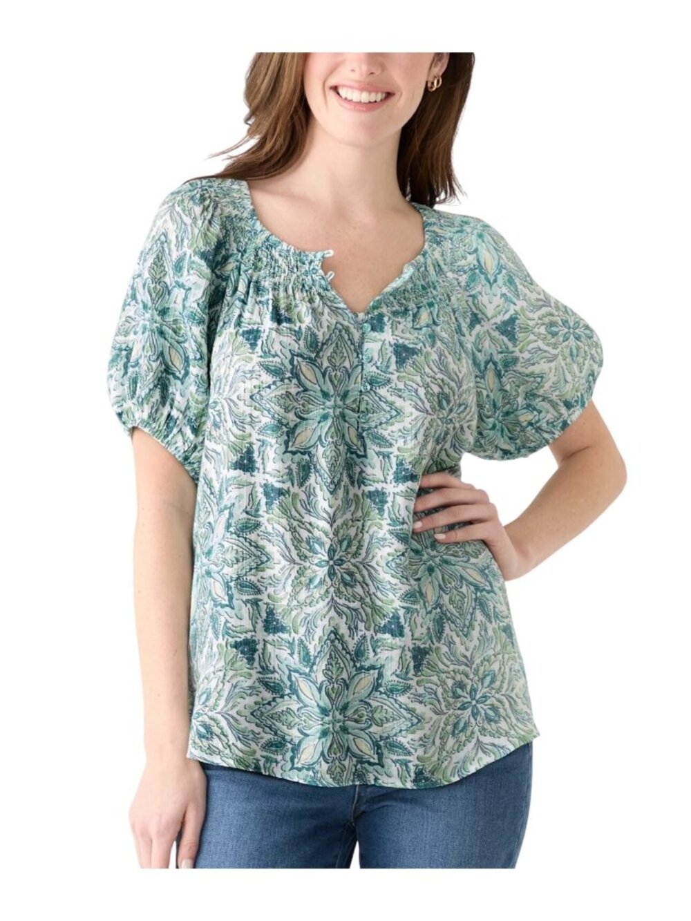 Wonderly Womens SZ XL Green Floral Print Puff Sleeve Top Blouse Smoked Neck
